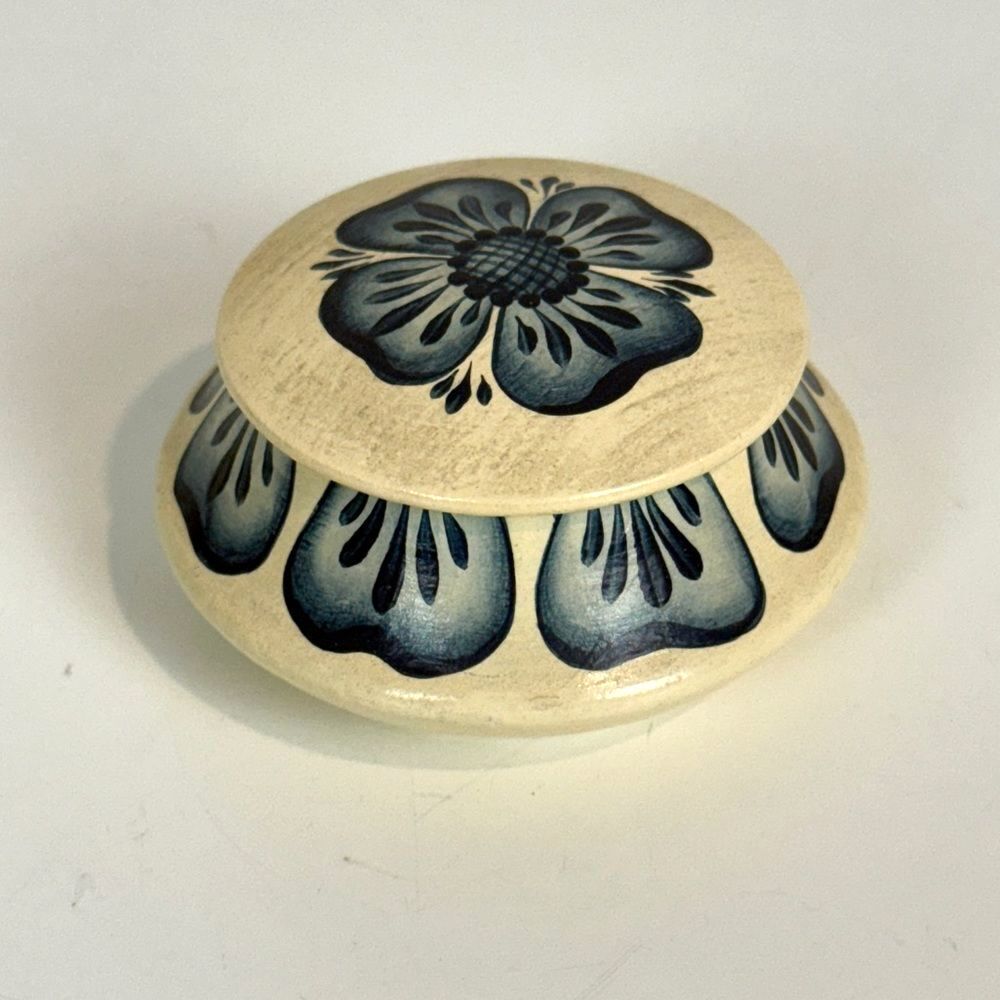 Vintage Handmade Painted Small Wooden Trinket Box Blue Flower 3” Signed 1983